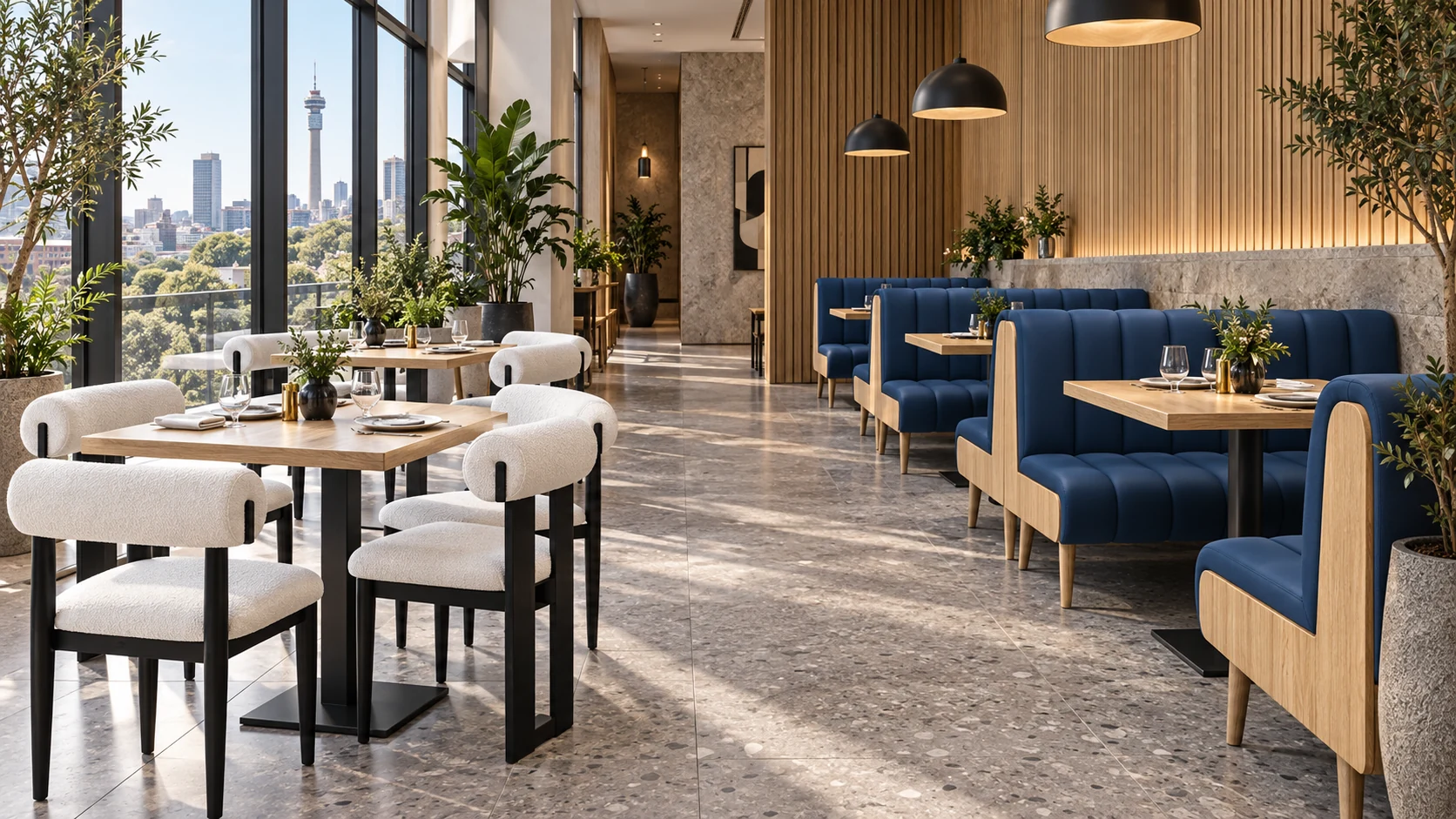 Daylight restaurant concept with Tranquil blue channel booths, oak tables and bolster-back dining chairs