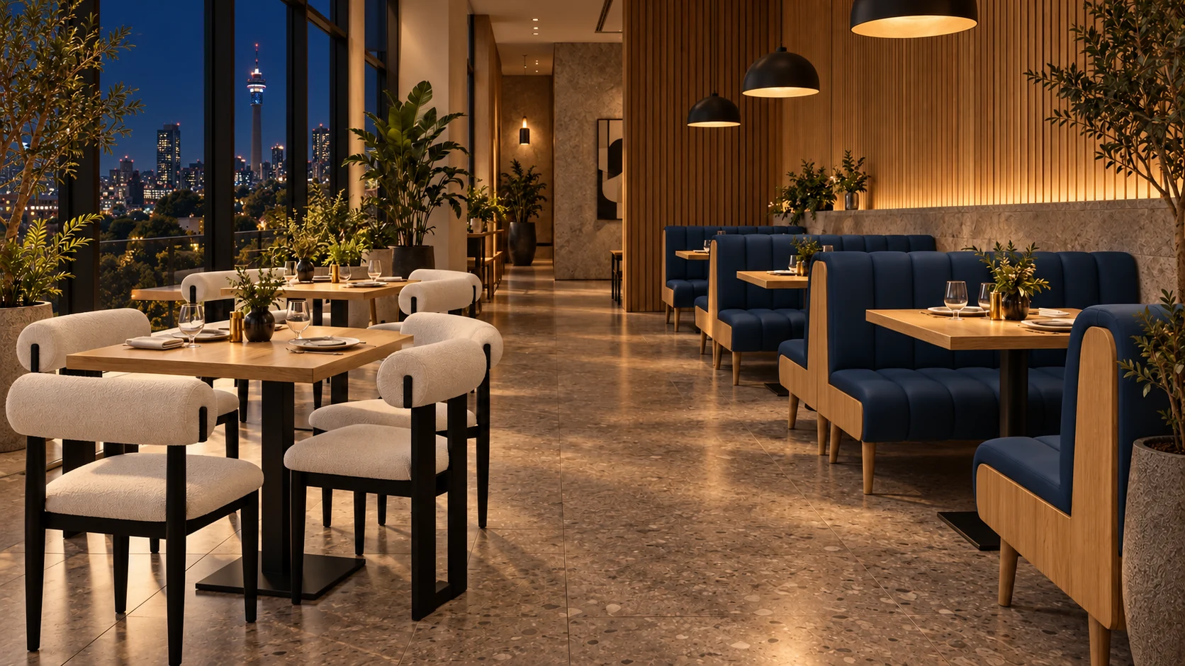 The same restaurant furniture concept under warm evening lighting