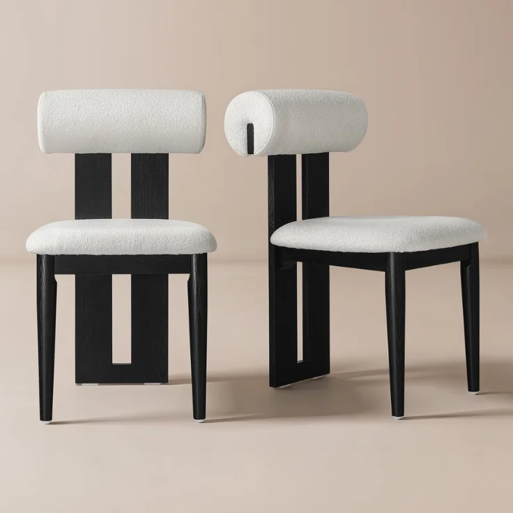Bolster dining chair — Front and three-quarter views
