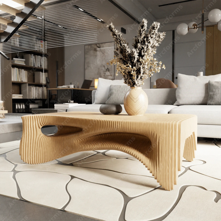 Wavy CNC Design Wooden Coffee Table – Unique Parametric Style