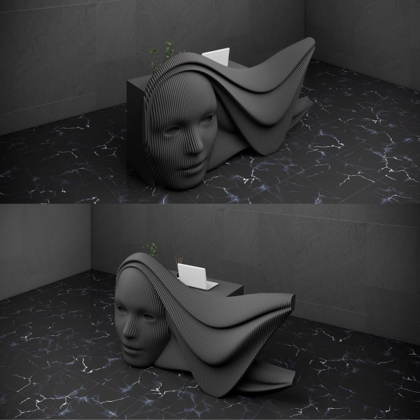 Sculptural CNC Reception Desk: Modern Parametric Face Design