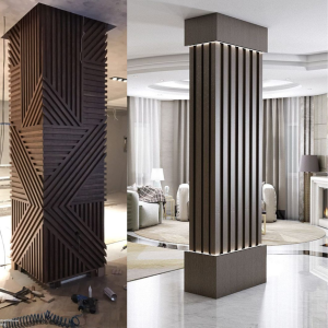 Geo Fusion LED Column Wrap - Elegant Wooden Paneling Design