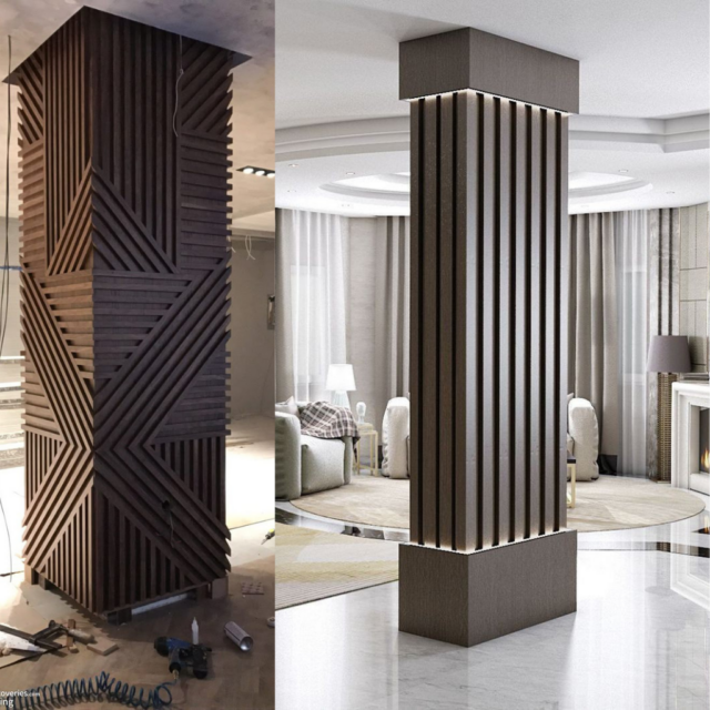 Elegant Geo Fusion LED Column Wrap with Wooden Design