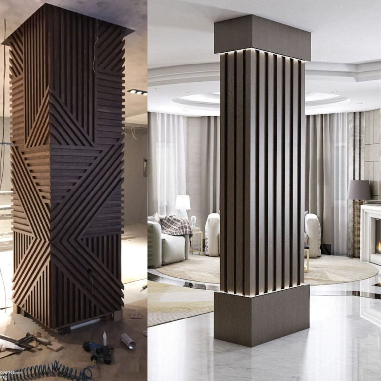 Elegant Geo Fusion LED Column Wrap with Wooden Design