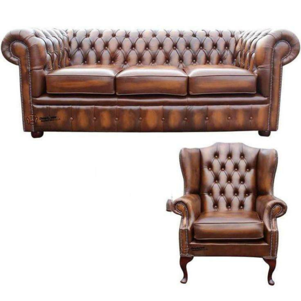 Chesterfield Espresso Leather Lounge Couch Set for Classy Comfort