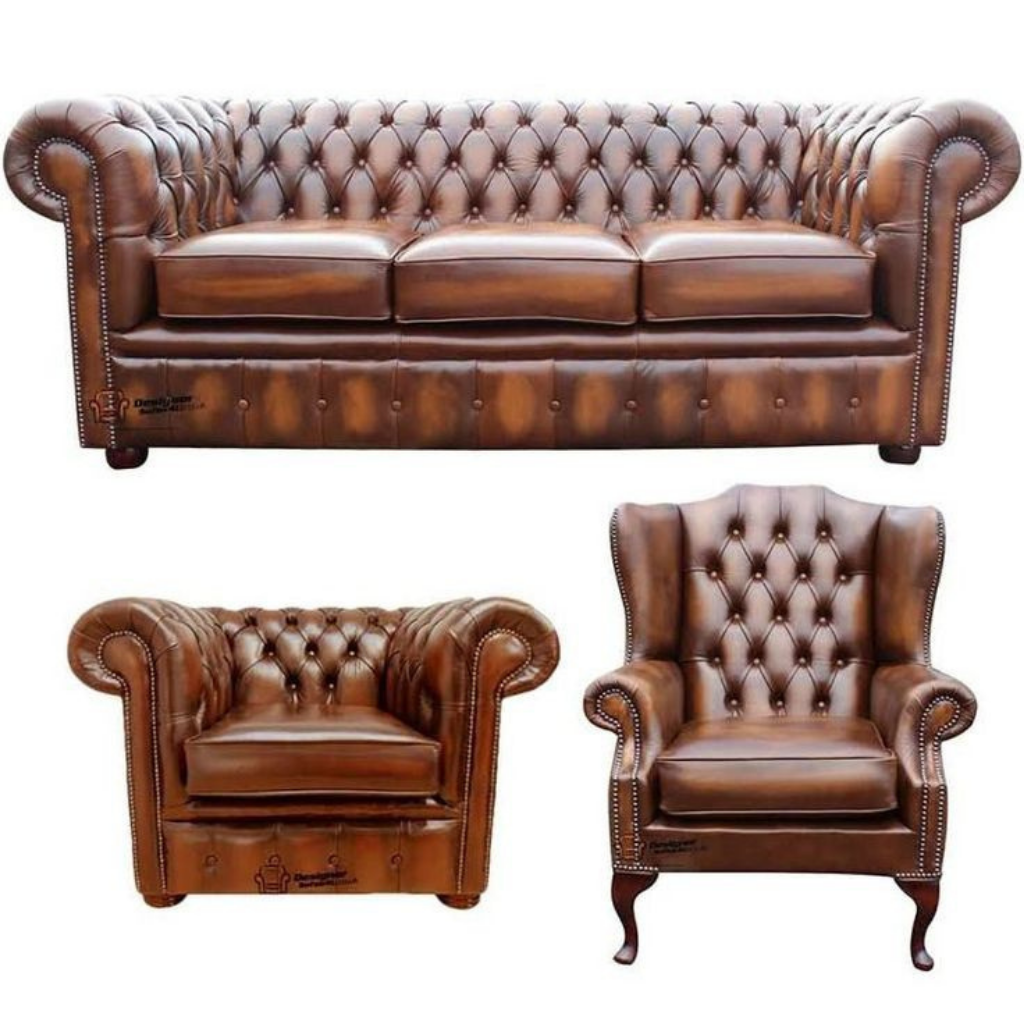 Chesterfield Espresso Leather Lounge Couch Set for Classy Comfort