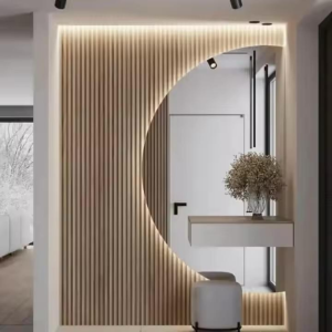 Curved Backlit Mirror Entry Console with Slatted Paneling