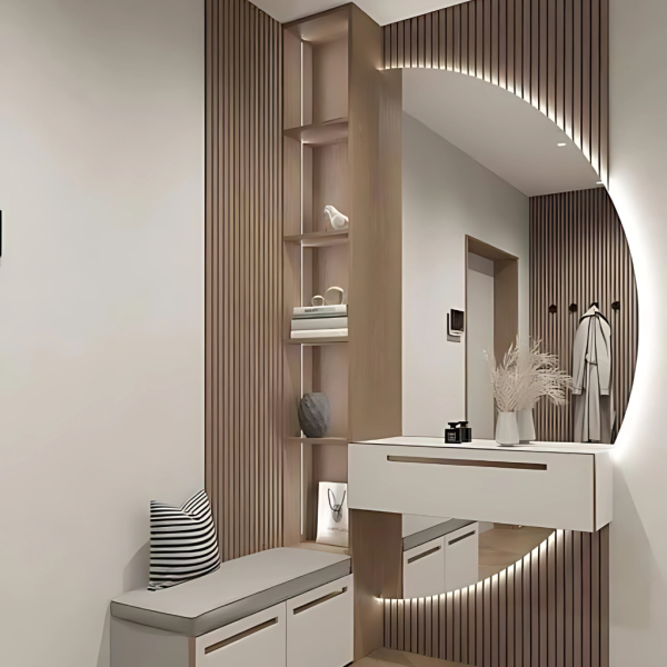 Luxury Wall-Mounted Vanity with Vessel Sinks and LED Arch Mirror