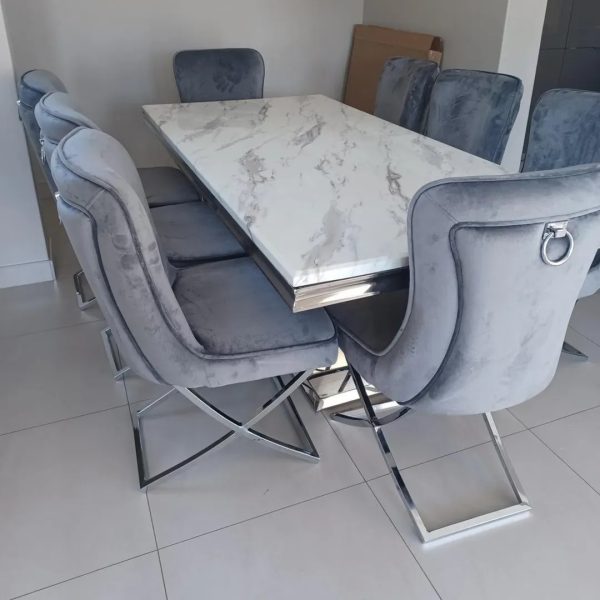Elegant Marble Top Dining Table Set with 8 Stylish Chairs