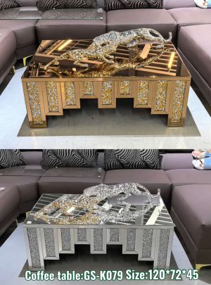 Bold crystal-embedded coffee table with a high-gloss mirrored finish — available in dazzling gold or silver.