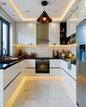 Luxury U-Shaped Modular Kitchen – Gloss White with LED Lighting