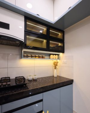 Compact Modular Kitchen with Black Granite Top & LED Cabinets