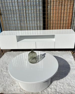 White TV Stand & Round Coffee Table Set – Ribbed Design