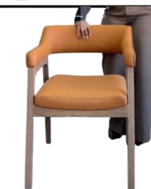 Wooden Dining Chair with Leather Upholstery – Tan