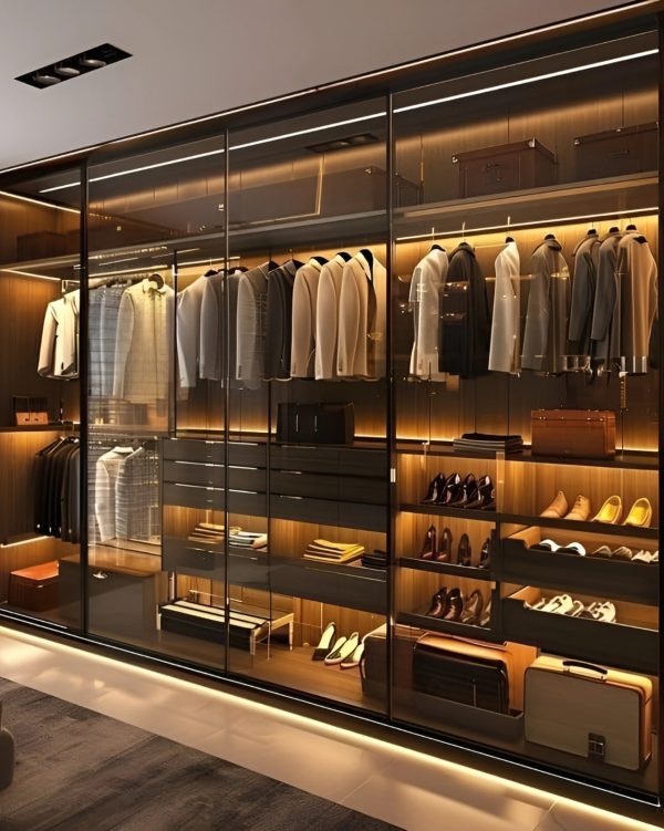 Luxury Glass Wardrobe with LED Lighting – Modern Bedroom Storage