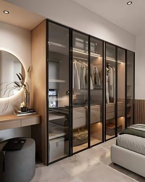 Luxury Glass Wardrobe with LED Lighting – Modern Bedroom Storage