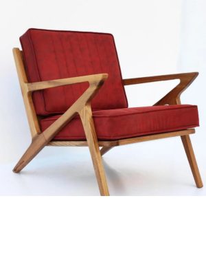 Mid-Century Wooden Armchair with Red Upholstered Cushions