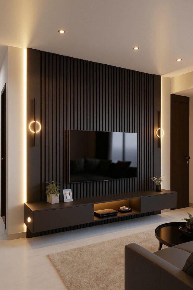 Midnight Halo Slatted TV Wall