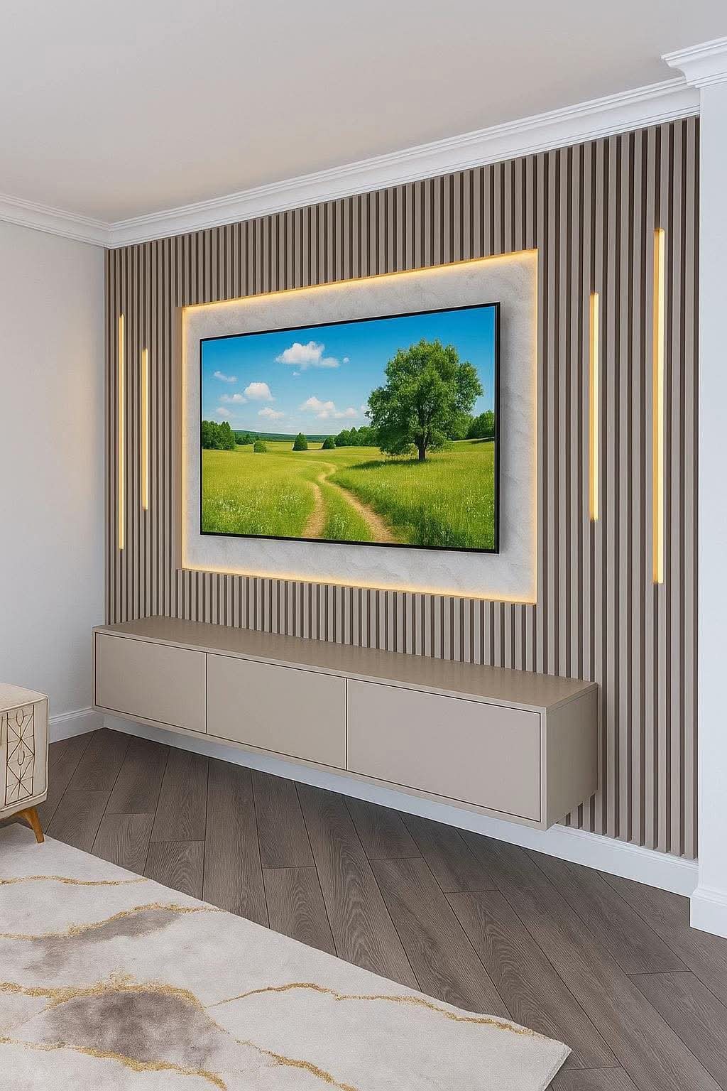 Aurora Greige Floating TV Wall 1 Aurora Greige Floating TV Wall