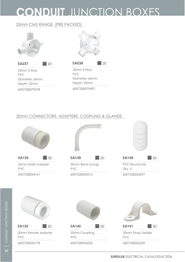 Eurolux EA134 PVC Male Adaptor 20mm Single Pack · White