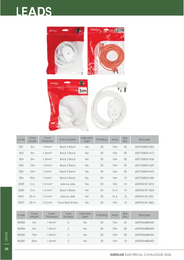 Eurolux EE37 Schuko Extension Lead 20m 10A Red