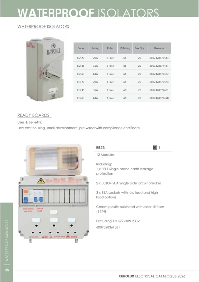 Eurolux EI2-63 Isolator Switch 63A 2-Pole IP66