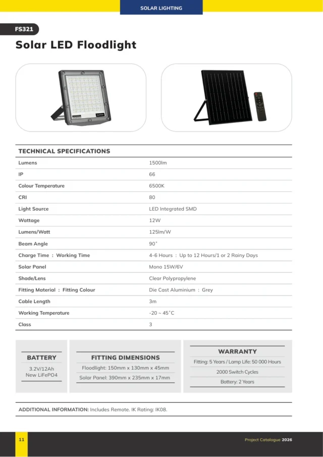 Eurolux FS321 Solar LED Floodlight 12W 1500lm 6500K