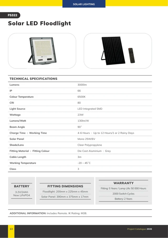 Eurolux FS322 Solar LED Floodlight 23W 3000lm 6500K