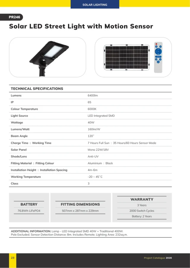 Radiant PR246 Solar LED Street Light with Motion Sensor