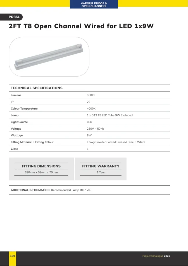 Radiant PR36L 2FT T8 Open Channel Wired for LED 1x9W
