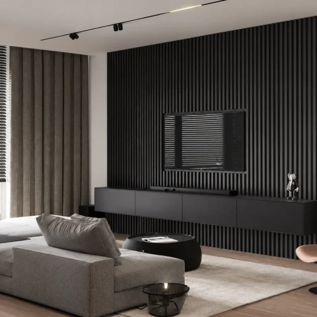 Black Slatted TV Wall with Floating Cabinet — MJ Collection