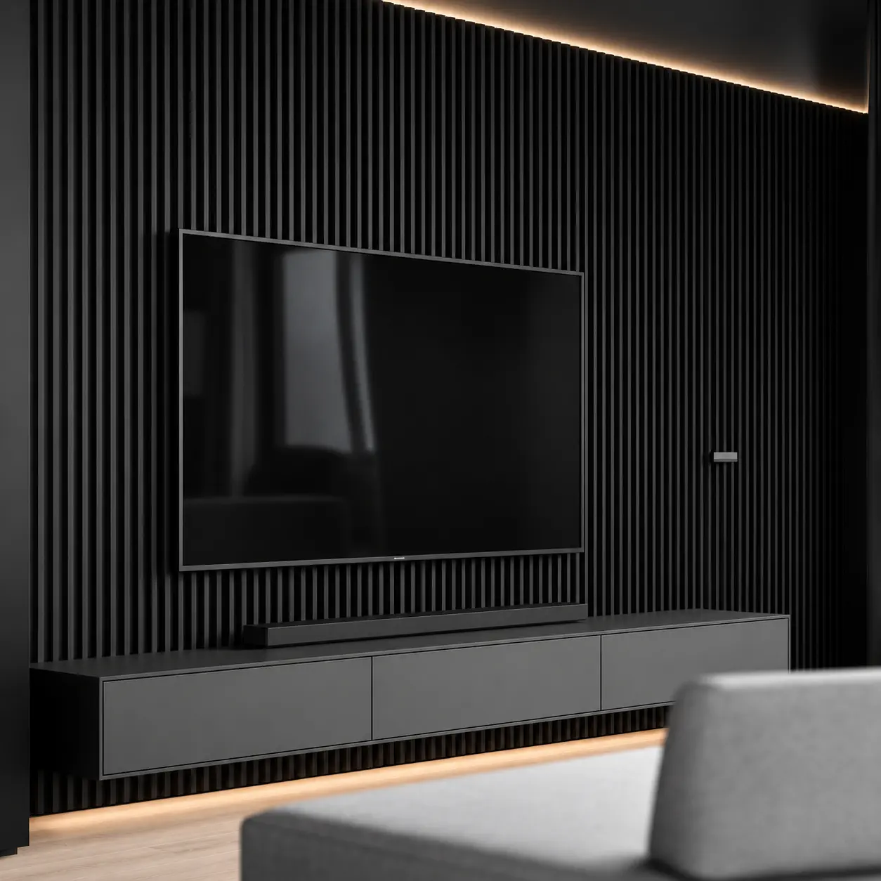 Black Slatted TV Wall with Floating Cabinet — MJ Collection 2 Black Slatted TV Wall with Floating Cabinet shown from an alternate view