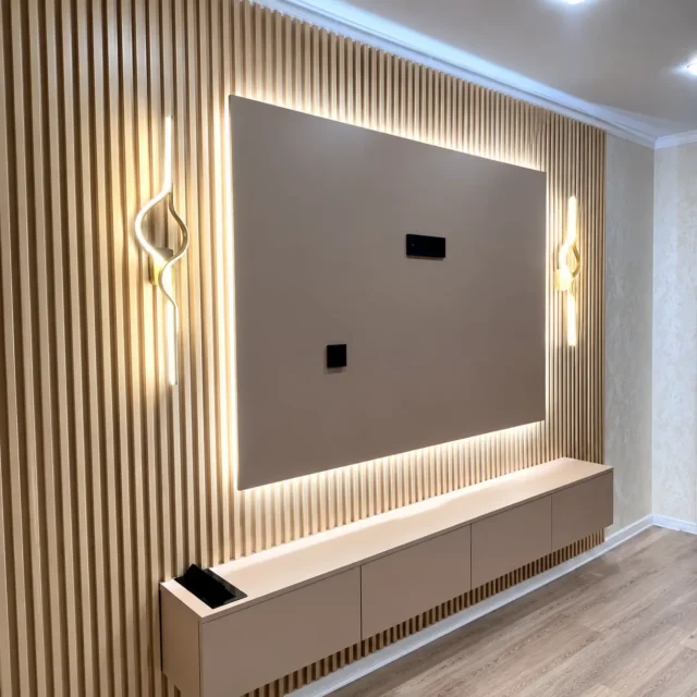 Taupe Backlit TV Panel & Floating Cabinet — MJ Collection