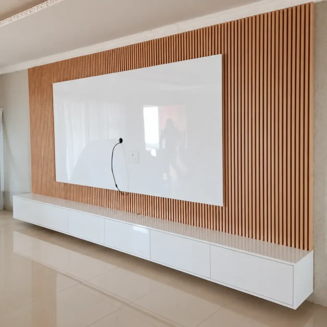 White TV Panel with Timber-Tone Slats — MJ collection design reference