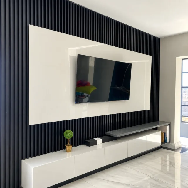 White TV Panel with Black Slats — MJ collection design reference