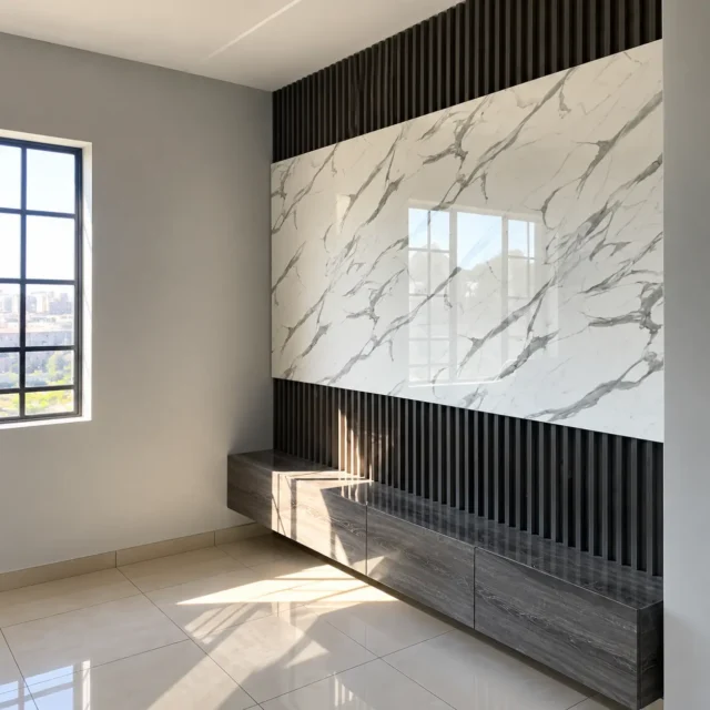 Marble-Effect TV Panel & Grey Floating Cabinet — MJ Collection