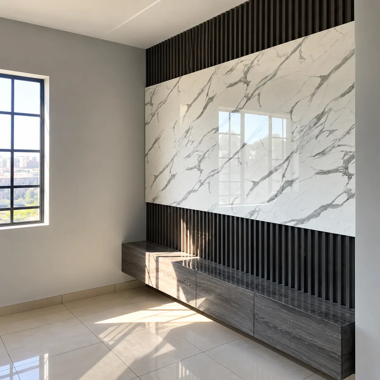 Marble-Effect TV Panel & Grey Floating Cabinet — MJ Collection 1 Marble-Effect TV Panel & Grey Floating Cabinet — MJ collection design reference