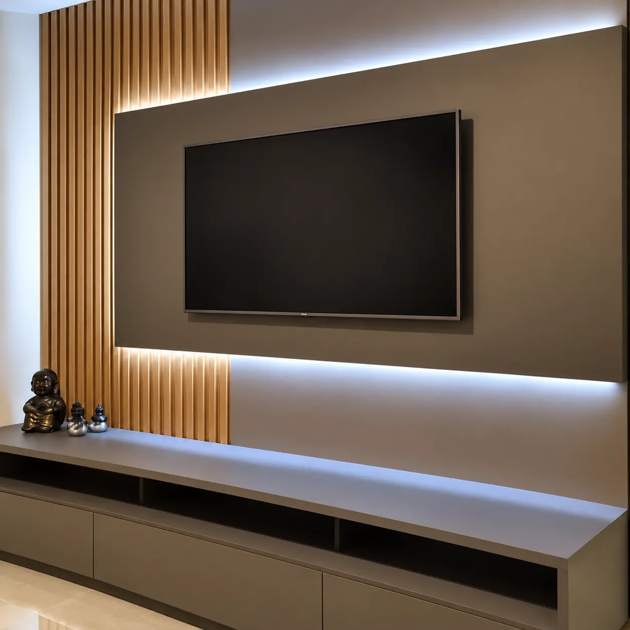 Taupe TV Wall with Asymmetric Slatted Panels — MJ Collection 1 Taupe TV Wall with Asymmetric Slatted Panels — MJ collection design reference