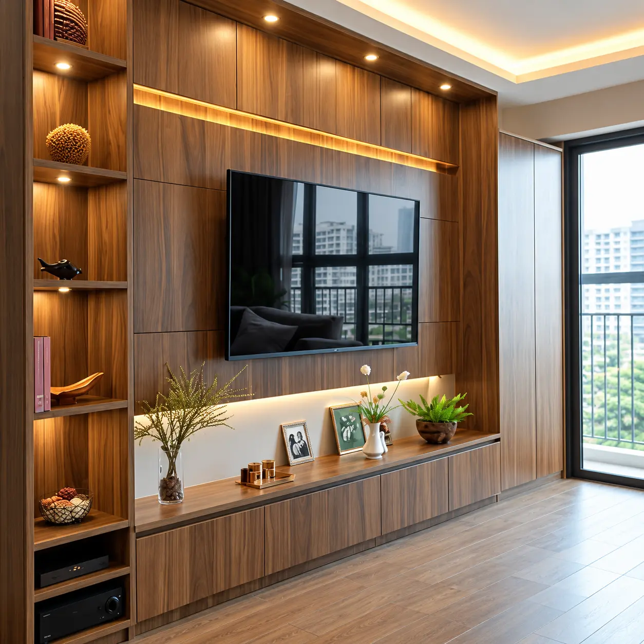 Timber-Tone Media Wall with Display Shelving — MJ Collection 1 Timber-Tone Media Wall with Display Shelving — MJ collection design reference