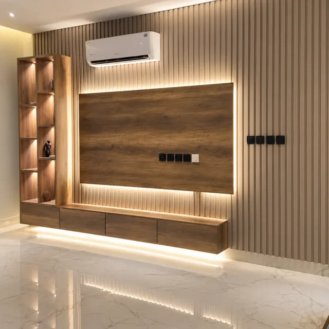 Backlit Timber-Tone TV Panel & Side Shelves — MJ collection design reference
