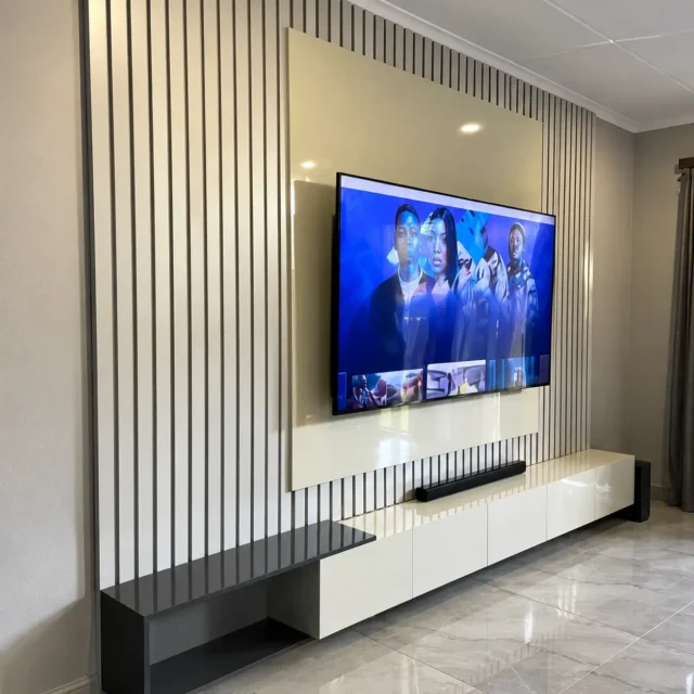 White Slatted TV Wall & Floating Cabinet — MJ collection design reference