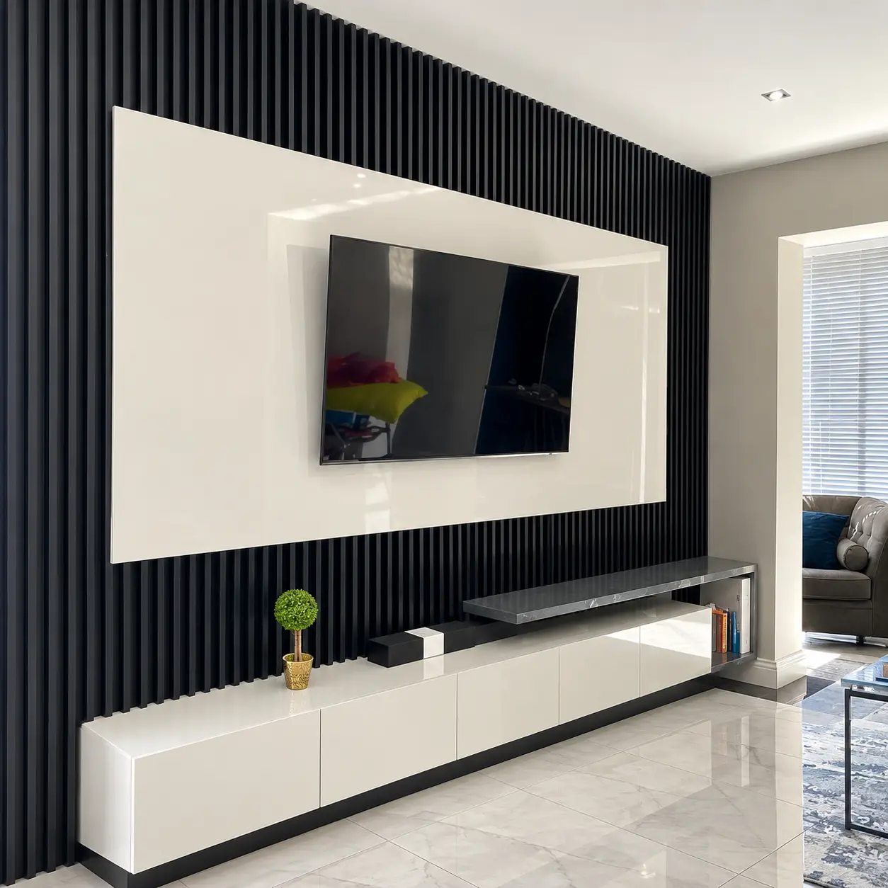 White TV Panel with Black Slats — MJ Collection 2 White TV Panel with Black Slats shown from an alternate view