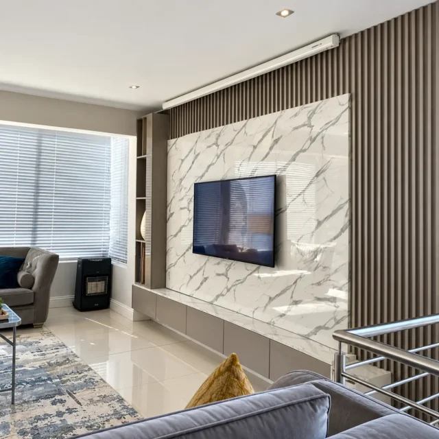 Full Marble-Effect TV Wall & White Cabinet — MJ collection design reference