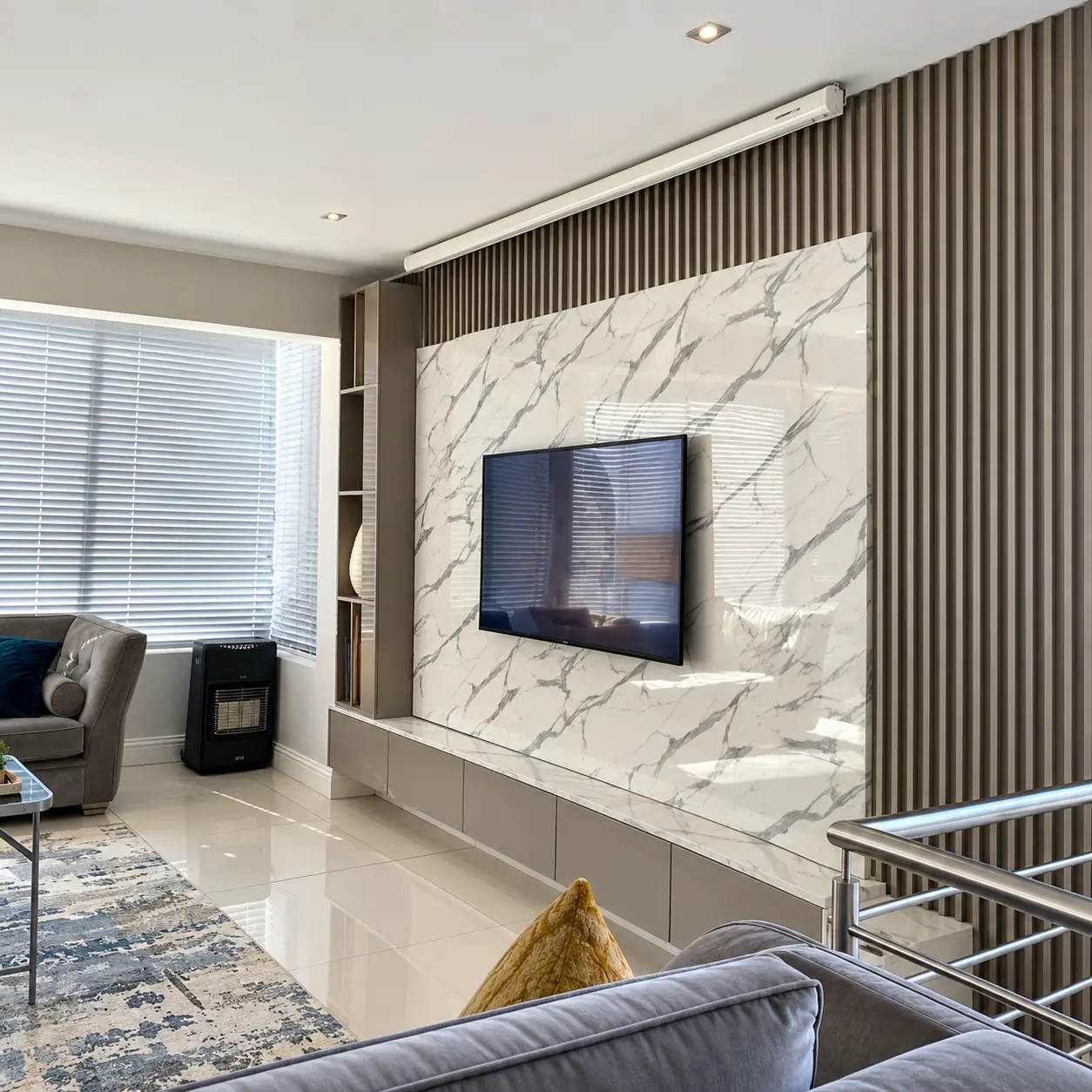 Full Marble-Effect TV Wall & White Cabinet — MJ Collection 1 Full Marble-Effect TV Wall & White Cabinet — MJ collection design reference