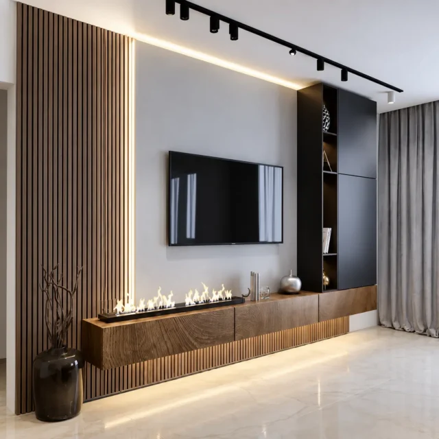 Grey Media Wall with Illuminated Low Console — MJ Collection