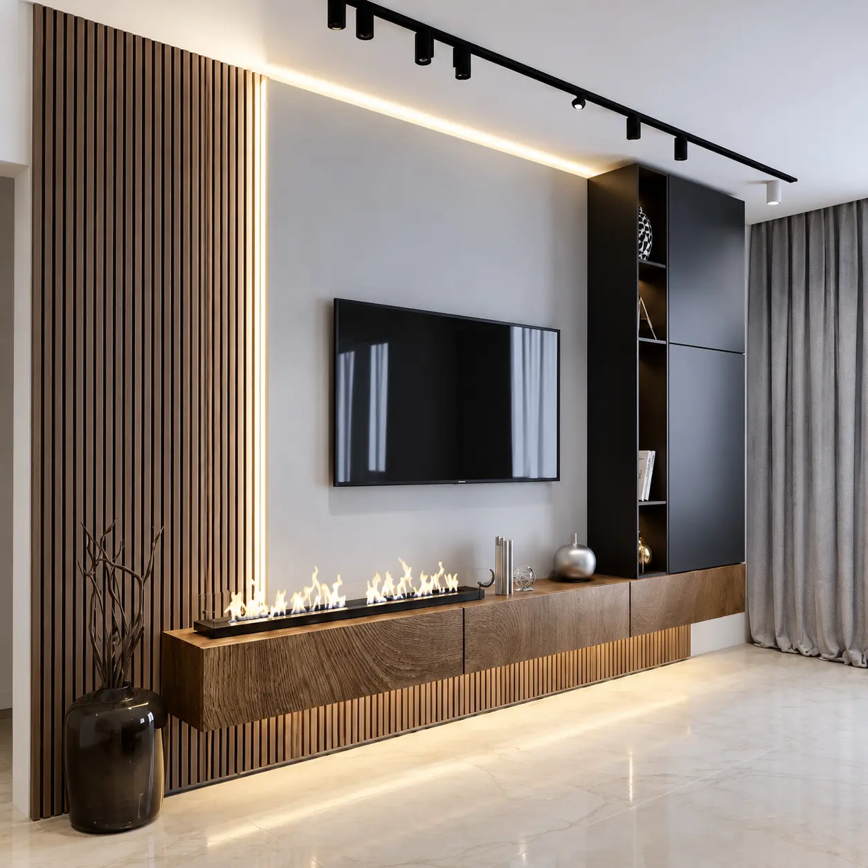 Grey Media Wall with Illuminated Low Console — MJ Collection 1 Grey Media Wall with Illuminated Low Console — MJ collection design reference