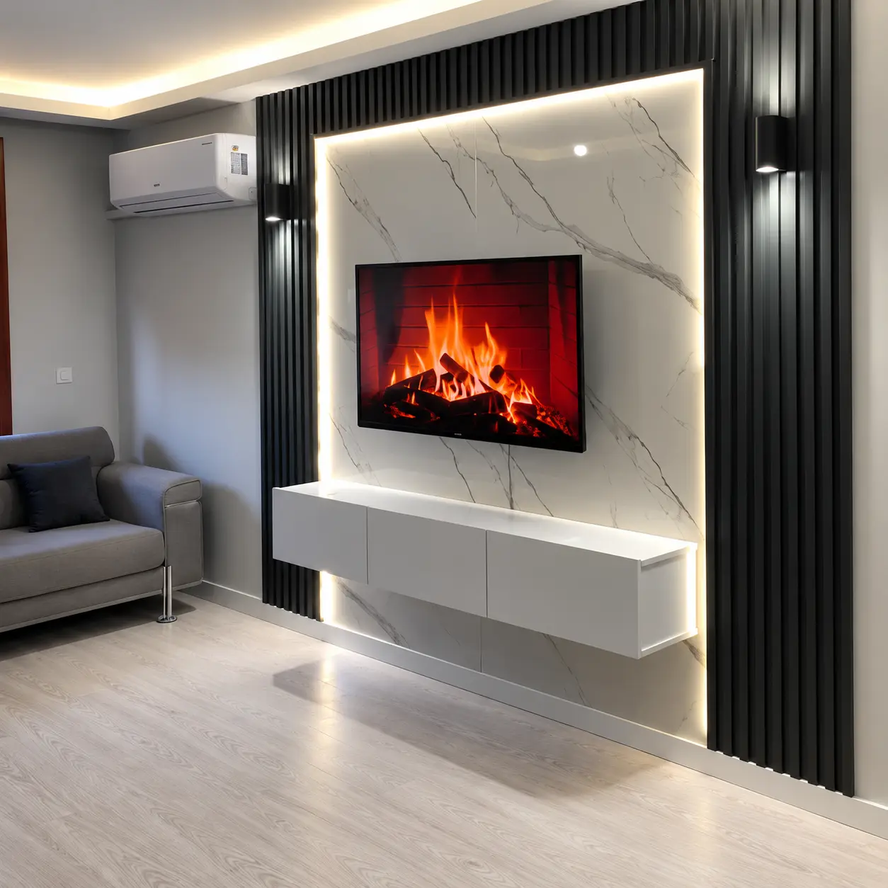 Backlit Marble-Effect TV Wall with Black Slats — MJ Collection 1 Backlit Marble-Effect TV Wall with Black Slats — MJ collection design reference
