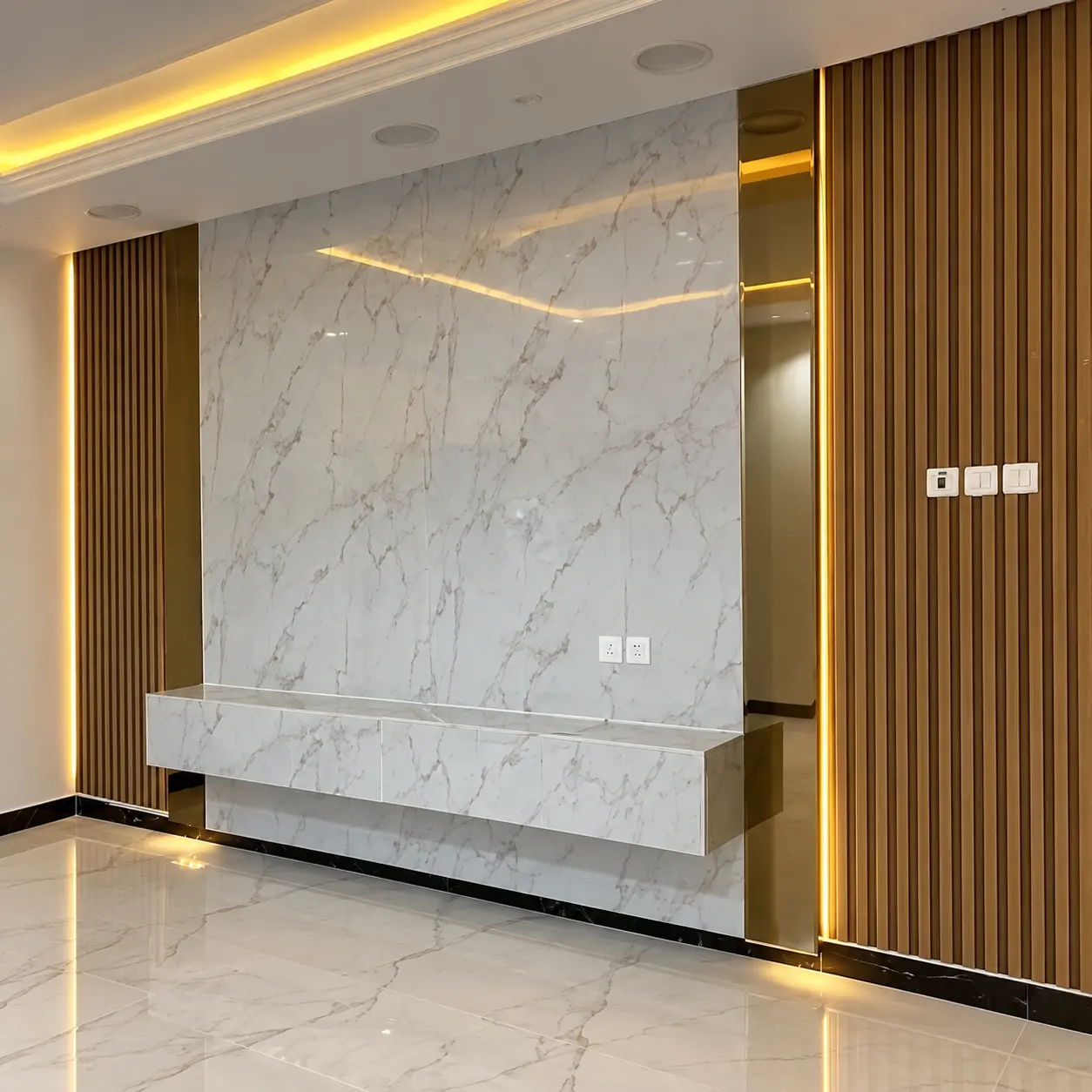 Backlit Marble-Effect TV Panel & Slatted Feature Wall — MJ Collection 1 Backlit Marble-Effect TV Panel & Slatted Feature Wall — MJ collection design reference