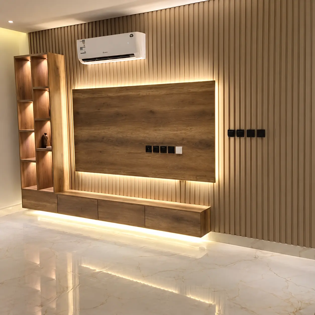 Backlit Timber-Tone TV Panel & Side Shelves — MJ Collection 2 Backlit Timber-Tone TV Panel & Side Shelves shown from an alternate view