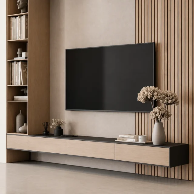 Oak-Tone Slatted TV Wall & Display Shelves — MJ Collection